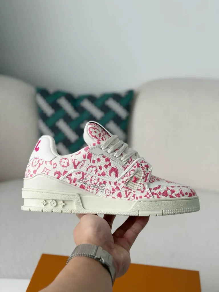 Louis Vuitton Trainer Sneaker – White & Pink Monogram Print - Image 9