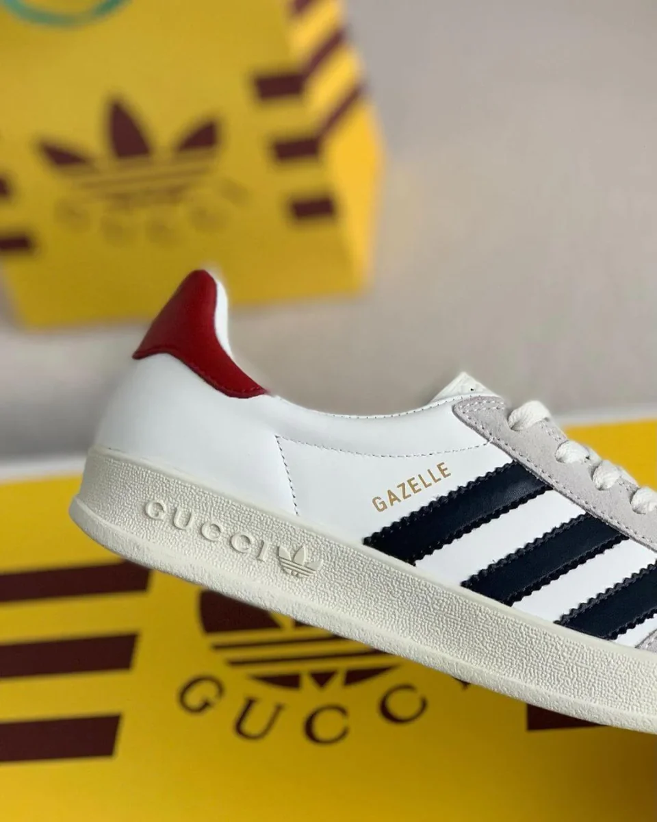 Adidas x Gucci Gazelle Sneaker in White with Black Stripes and Red Heel Tab - Image 3